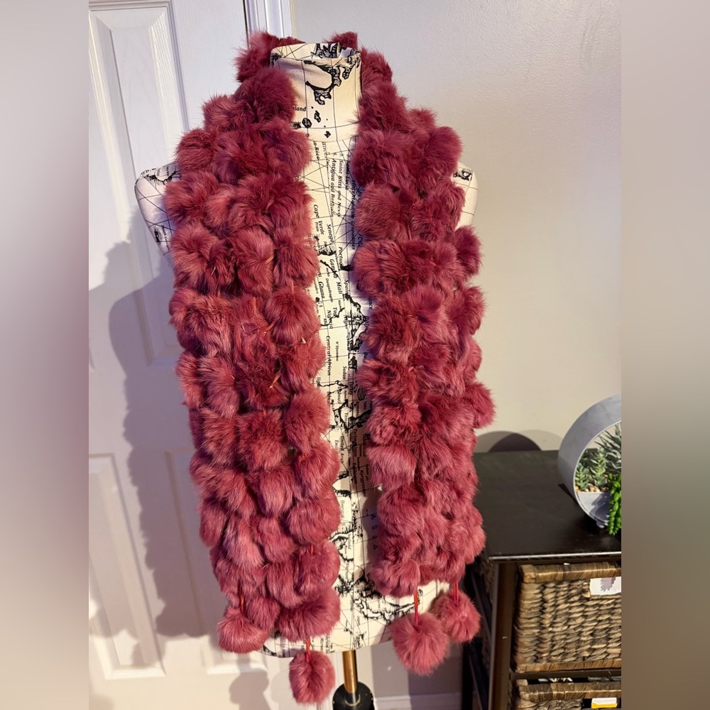 Pom-pom 100% rabbit fur clusters collar balls handmade scarf vintage stole Mauve